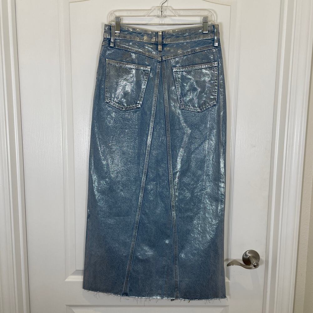 Zara Metallic Denim Skirt Coated Silver Maxi Asymmetric w/ Slit Futuristic NWT S - Picture 9 of 10